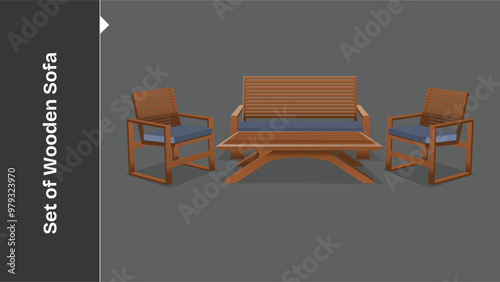  Illustration set of wooden sofas for the interior