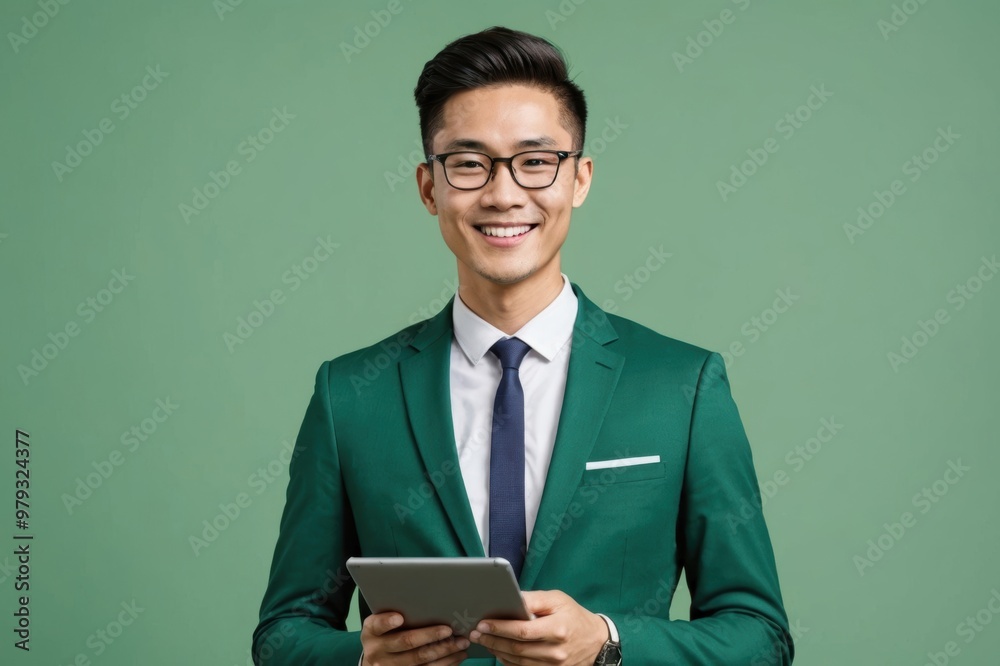 smiling and handsome millennial asian businessman in a formal business suit and glasses, looking aside at the empty space, holding a tablet, stands against a green studio background smiling and handsome millennial asian businessman in a formal business suit and glasses, looking aside at the empty space, holding a tablet, stands against a green studio background