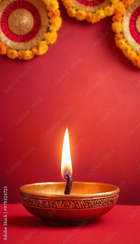 Diya burning lamp for Happy Diwali celebration. Indian Festival of lights minimalistic red wallpaper. Deepavali concept with flowers and traditional hindu decor.
Diya burning lamp for Happy Diwali celebration. Indian Festival of lights minimalistic red wallpaper. Deepavali concept with flowers and traditional hindu decor.
