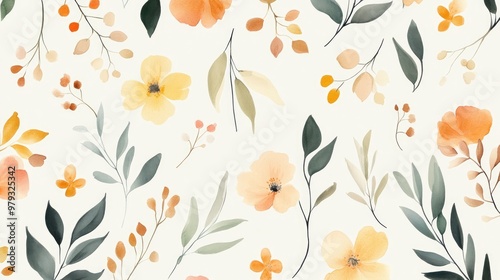 Seamless Pattern Design Featuring Watercolor Flowers Dried Floral Elements And Green Leaves