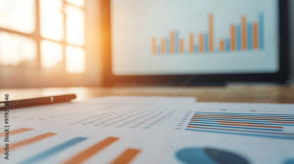 Close-up view of business charts and graphs on papers, with a laptop screen displaying data in a bright office setting. Close-up view of business charts and graphs on papers, with a laptop screen displaying data in a bright office setting.