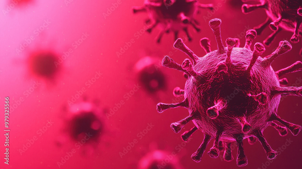 Microscopic view of virus, showcasing its structure and visible symptoms. vibrant red background enhances details of virus, creating striking visual representation of viral activity Microscopic view of virus, showcasing its structure and visible symptoms. vibrant red background enhances details of virus, creating striking visual representation of viral activity