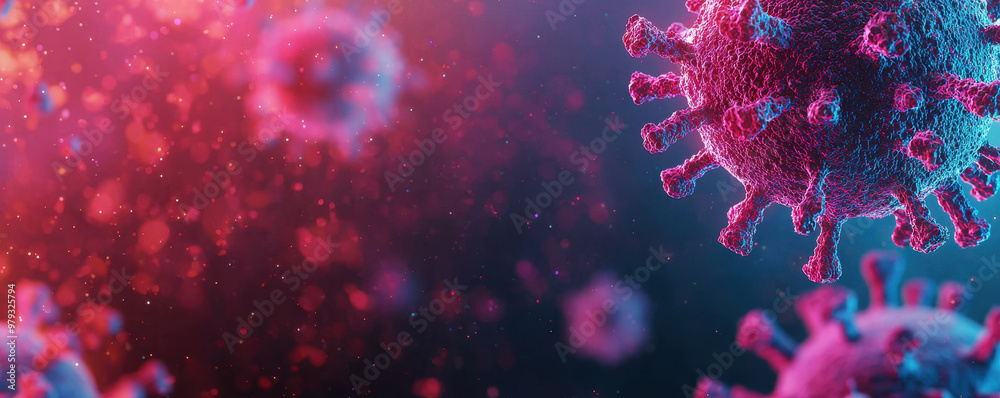 Vibrant depiction of virus particles mutating and infiltrating immune cells, showcasing intricate details and glowing effects. This image captures dynamic interaction between pathogens and immune syst Vibrant depiction of virus particles mutating and infiltrating immune cells, showcasing intricate details and glowing effects. This image captures dynamic interaction between pathogens and immune syst