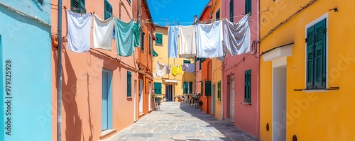 Colorful buildings and laundry hanging in a vibrant alley during sunny weather create a charming Italian street scene. photo