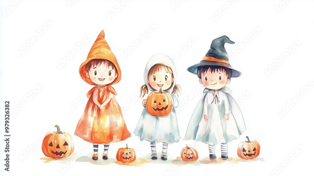Fototapeta premium Children in Halloween costumes, cute kids in witch hats and robes, holding pumpkin lanterns, spooky season, Halloween celebration concept