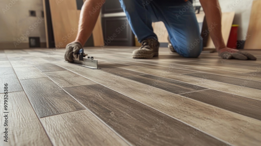 A worker is installing wood-look porcelain tiles in the open-concept living area of a contemporary home A worker is installing wood-look porcelain tiles in the open-concept living area of a contemporary home
