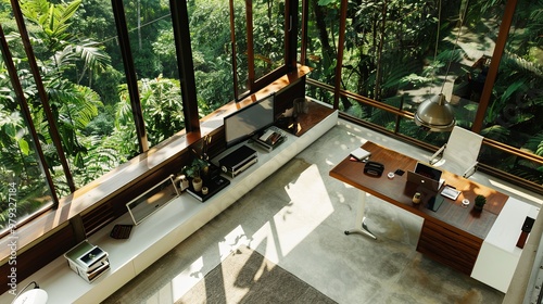 Stylish Home Office with Desk and Laptop, Exuding Productivity and Serenity, Seamlessly Blending Work and Nature's Beauty. Aerial Perspective on Modern Remote Work Lifestyle.