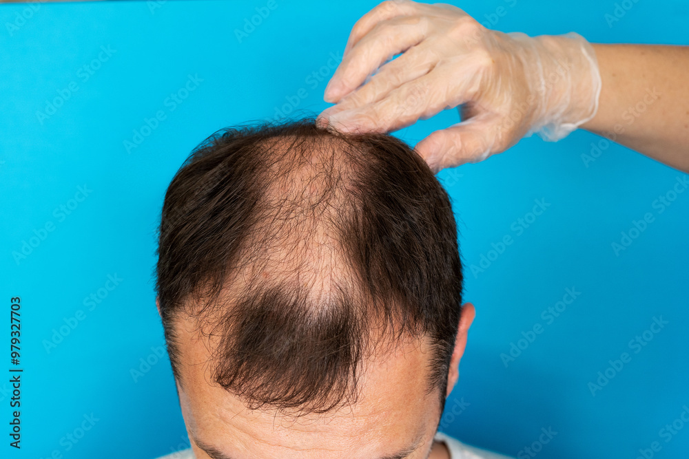 Fototapeta premium Baldness, a man is examined by a doctor in gloves on a blue background close-up.