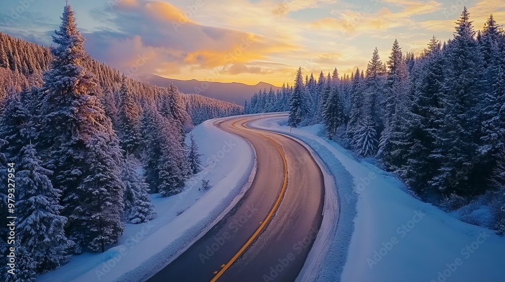 Winding Snowy Mountain Road with Pine Trees and Sunset - AI generated illustration Winding Snowy Mountain Road with Pine Trees and Sunset - AI generated illustration