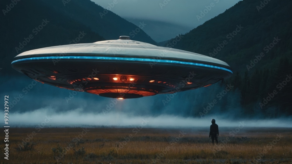 UFO sighting at dawn shows the craft making a subtle approach over a serene countryside UFO sighting at dawn shows the craft making a subtle approach over a serene countryside