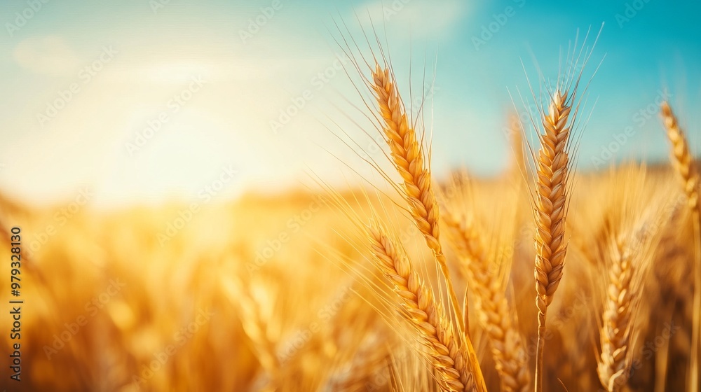Golden Wheat Field with Blue Sky and Sunlight - AI generated illustration