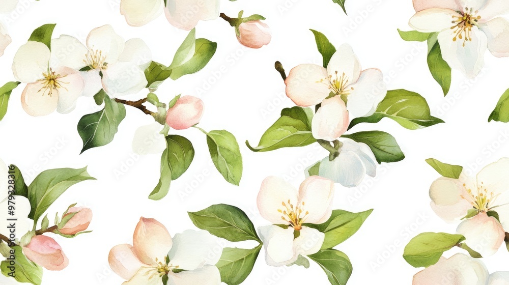 Obraz premium Seamless pattern featuring blooming apple trees in spring Watercolor floral design