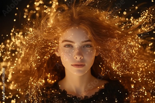 Woman with hair flowing in glowing light strands symbolizing mental freedom creative energy and the harmonious interaction between imagination and light in a dynamic scene photo