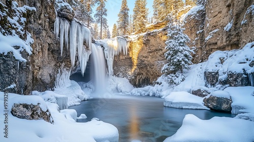 Winter Waterfall in Rocky Canyon with Ice Formations - AI generated illustration