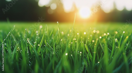 Lush green grass with dew drops glistening in the early morning sunlight, creating a serene and fresh natural atmosphere.