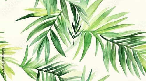 Stylish seamless watercolor pattern featuring tropical palm tree branches Illustration of exotic jungle plant foliage Trendy design of painted tropical leaves greenery