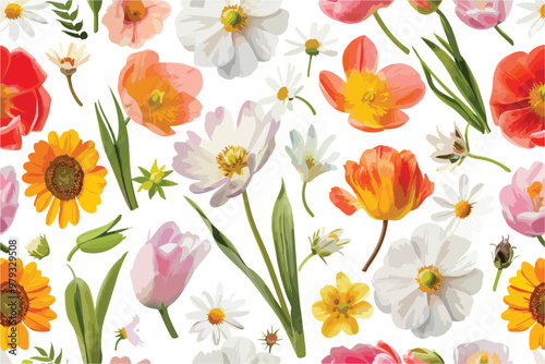 Vibrant Spring Flowers Seamless Pattern Clipart