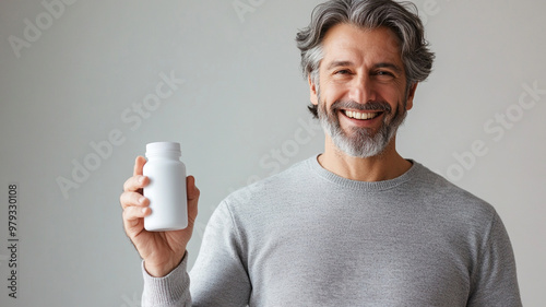 Wallpaper Mural A middle-aged man is holding  a white supplement bottle Torontodigital.ca