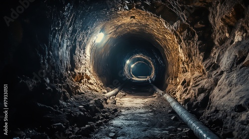 deep underground tunnel, cinematic scene, realistic photograph, national geographic photography style, wide shot, stone surface and texture, high details, lighting from top, photo