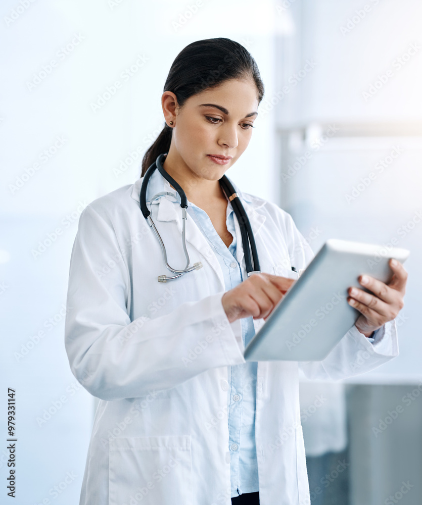 Woman, doctor or research with tablet for medical history, telehealth or service at hospital. Young, female person or healthcare employee with technology for online browsing or new medicine at clinic Woman, doctor or research with tablet for medical history, telehealth or service at hospital. Young, female person or healthcare employee with technology for online browsing or new medicine at clinic