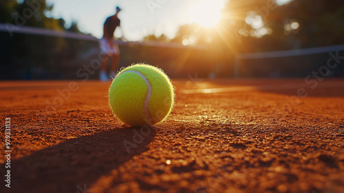 A tennis ball on the court with a tennis player in the background