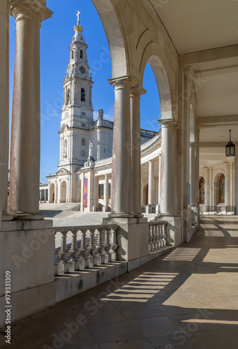 Sanctuary of Fatima, Portugal. Basilica of Our Lady of the Rosary seen from and through the colonnade. One of the most important Marian Shrines and pilgrimage locations for Catholics