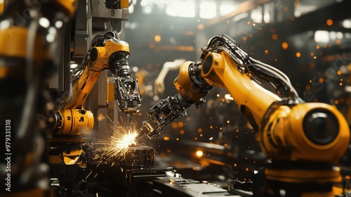 Industrial robots working on a high-speed assembly line, with sparks flying and engineers monitoring the process.