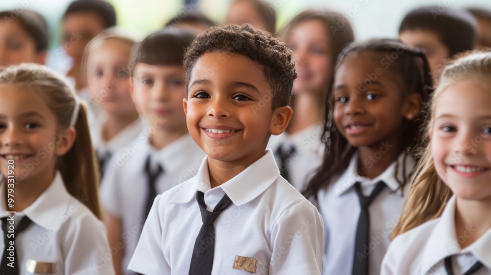 A diverse group of elementary students at a school assembly, dressed in their school uniforms, participating in a back-to-school ceremony A diverse group of elementary students at a school assembly, dressed in their school uniforms, participating in a back-to-school ceremony