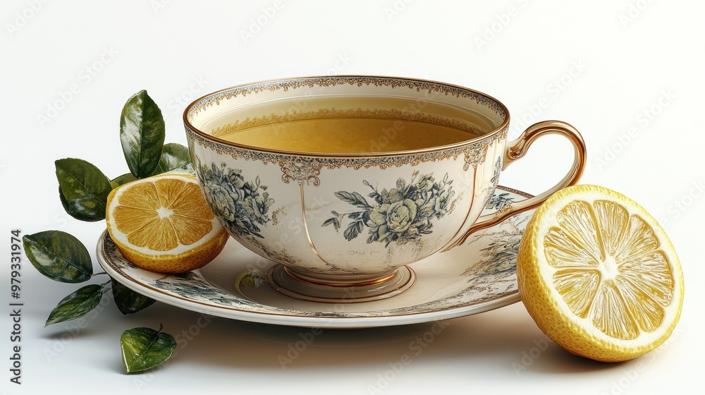 A decorative teacup with lemon slices and leaves on a plate. A decorative teacup with lemon slices and leaves on a plate.