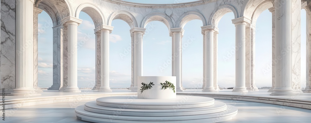 Obraz premium Roman-style podium with laurel accents, set in a grand open forum surrounded by marble pillars and arches, luxury product presentation, Roman classical beauty