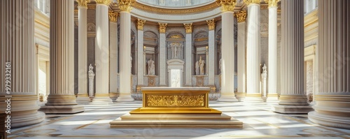 Roman podium adorned with gold accents, framed by towering columns and marble floors in a grand Roman basilica, luxury product showcase, Roman imperialism photo