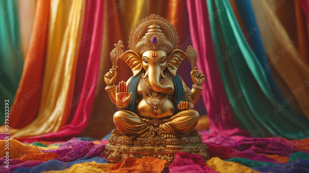 A finely crafted gold Ganesh idol, with gemstones embedded in the crown, set against a vibrant, festive backdrop, surrounded by colorful fabric drapes A finely crafted gold Ganesh idol, with gemstones embedded in the crown, set against a vibrant, festive backdrop, surrounded by colorful fabric drapes