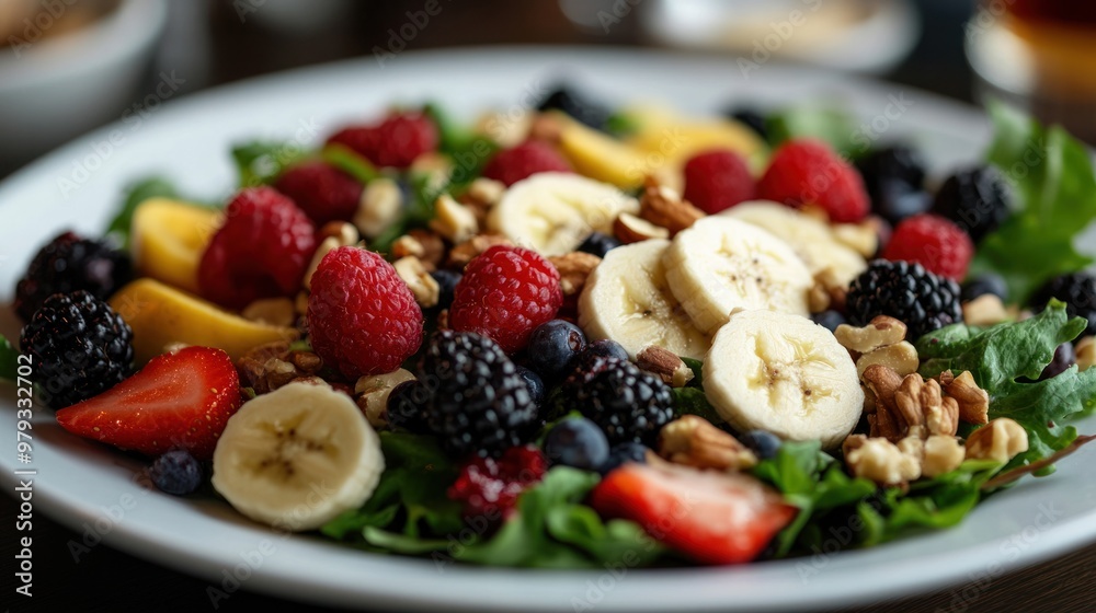 A fresh and colorful salad with banana slices, berries, and nuts, arranged on a white plate, capturing a vibrant and nutritious meal option,