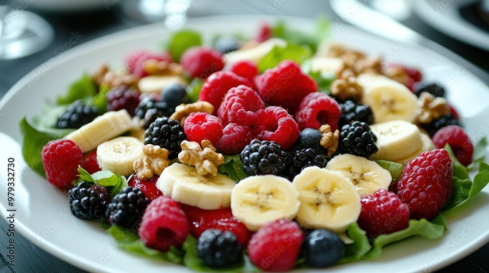 A fresh and colorful salad with banana slices, berries, and nuts, arranged on a white plate, capturing a vibrant and nutritious meal option, A fresh and colorful salad with banana slices, berries, and nuts, arranged on a white plate, capturing a vibrant and nutritious meal option,
