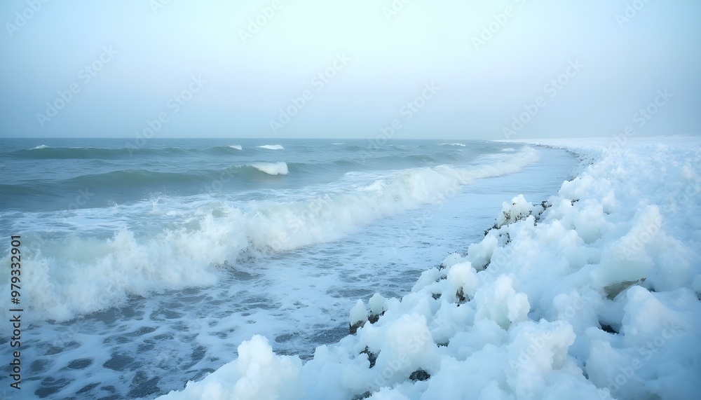 Obraz premium frozen ocean waves on a winter morning, with ice formations along the shoreline and a pale blue sky background wallpaper