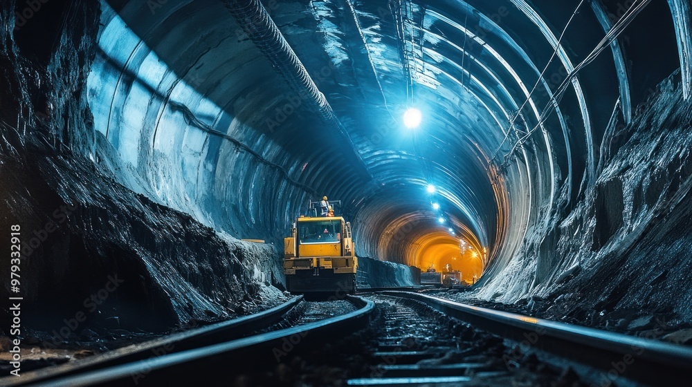 Obraz premium Tunnel illuminated by bright lights miner at work creating new passage powerful sense of progress and determination underground construction