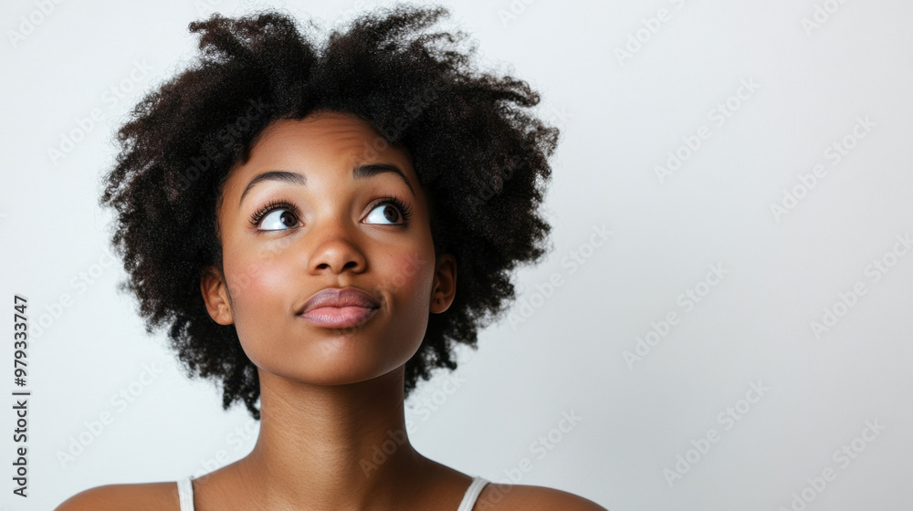confused young woman, A young woman with dark skin looks up with a puzzled expression, lips pursed, appearing unaware and curious, isolated on a white background confused young woman, A young woman with dark skin looks up with a puzzled expression, lips pursed, appearing unaware and curious, isolated on a white background