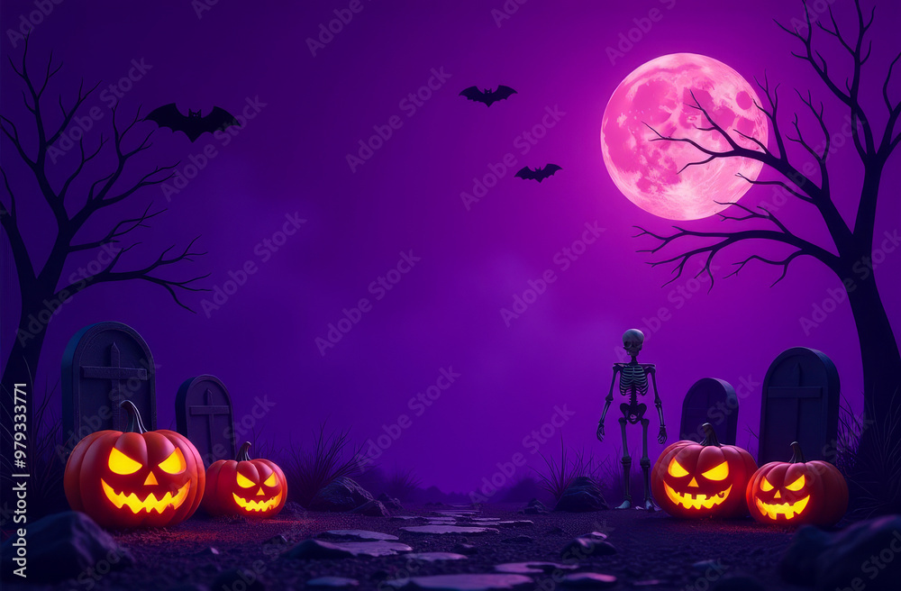 Fototapeta premium Halloween illustration card design of a cemetery with pumpkins, bats, skeletons and graves on a purple background. 
