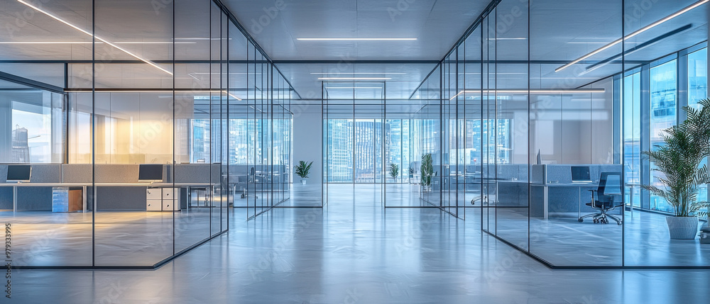 Glass partitioned, empty Sleek modern office, glass partitioned, no people Glass partitioned, empty Sleek modern office, glass partitioned, no people