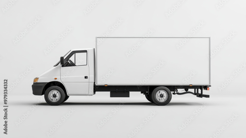 White Delivery Truck, Mockup of a white delivery truck viewed from the side, set against a plain white background for clear visibility and presentation White Delivery Truck, Mockup of a white delivery truck viewed from the side, set against a plain white background for clear visibility and presentation