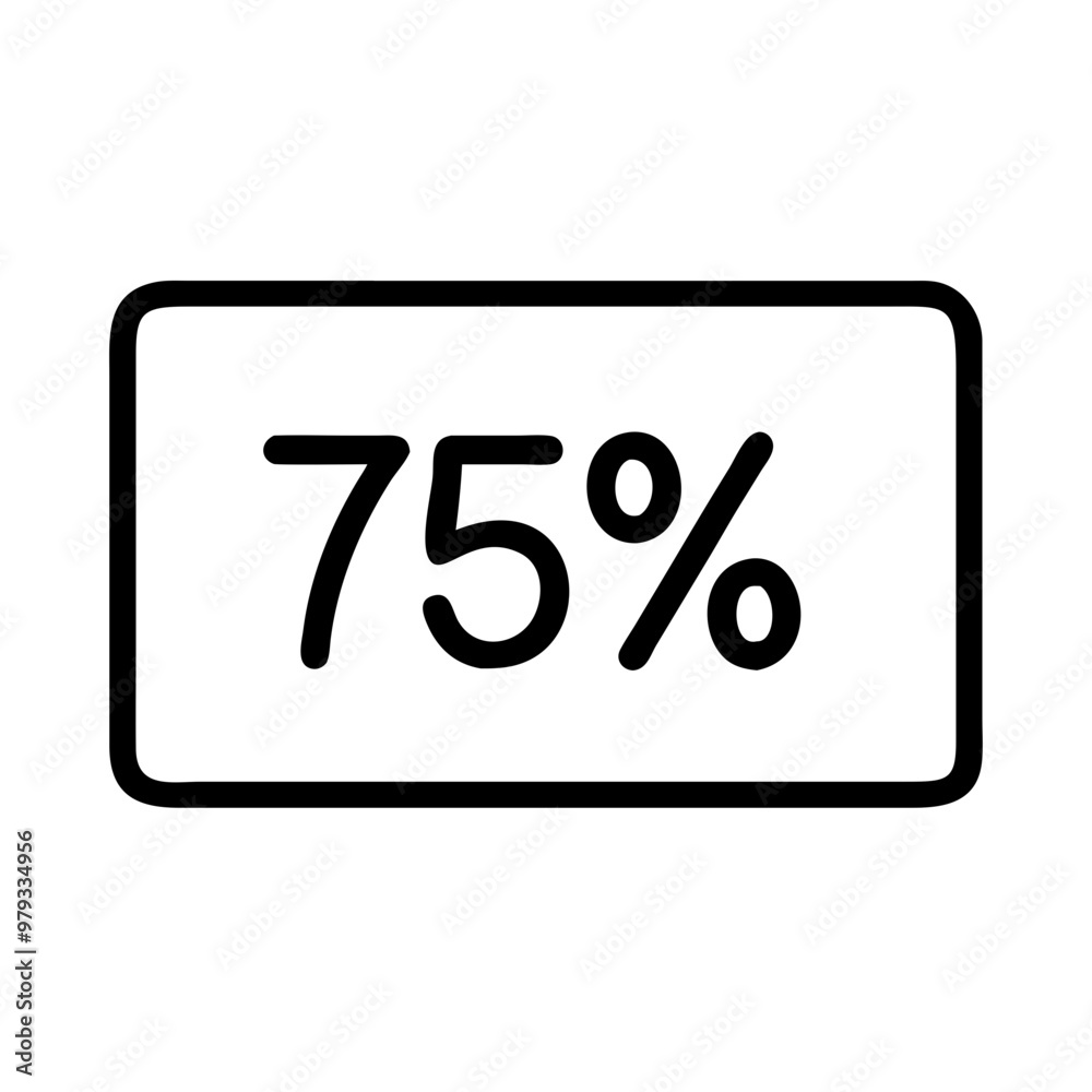 Outlined rectangular 75% discount badge, black and white, retail sale design
