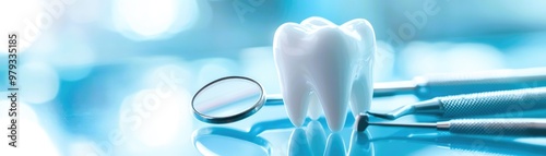 Dental model and dental equipment on blue background, concept image of dental background. dental hygiene background