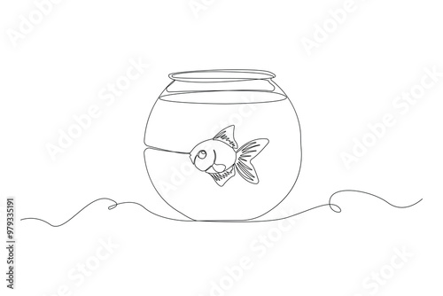 Hand-drawn fish bowl one-line art drawing. Fish in fish bowl continuous outline vector.
