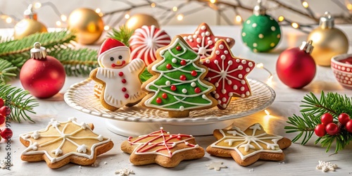 Festive holiday cookies, shining bright on white