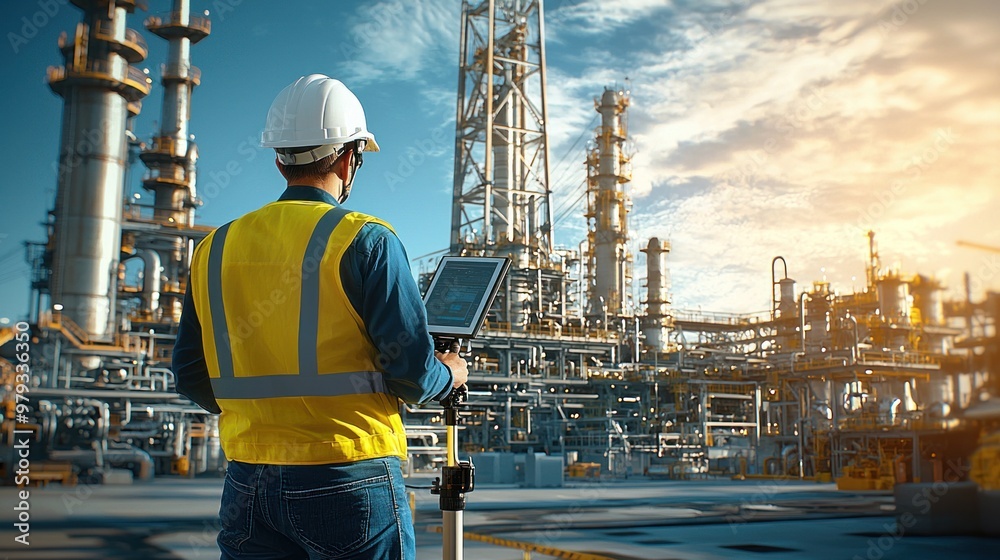 surveyor wearing yellow safety vests, white helmets, and blue jeans, standing in front of a tower crane at a oil refinery plant with an industrial factory background under a sunny sky surveyor wearing yellow safety vests, white helmets, and blue jeans, standing in front of a tower crane at a oil refinery plant with an industrial factory background under a sunny sky