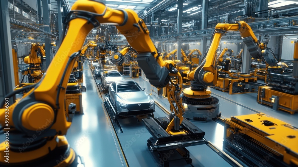 Fototapeta premium Aerial Car Factory 3D Render: Automated Robot Arm Assembly Line Manufacturing Advanced High-Tech Green Energy Electric Vehicles. Construction, Building