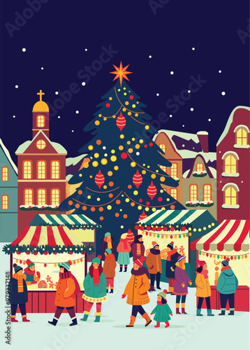 Christmas bazaar. Family, people, Sale, preparation. Outdoor celebration. New year market.