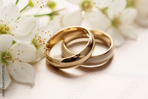 Two gold wedding rings jewelry flower celebration.