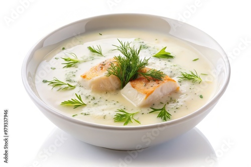 Delicate flakes of cod floating in a rich and creamy fish soup, sprinkled with chopped fresh dill and a dollop of sour cream, isolated on white.