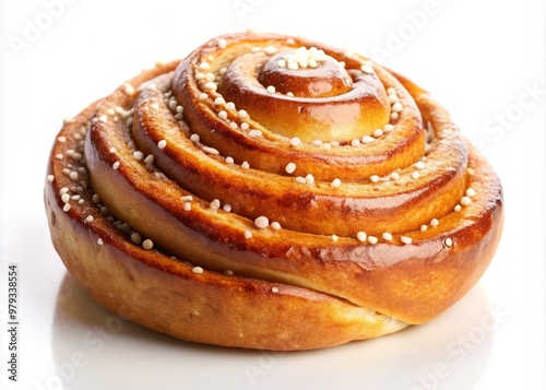 Morning sunshine in pastry form, a single kanelbullar radiates warmth and comfort against a clean, white environment.